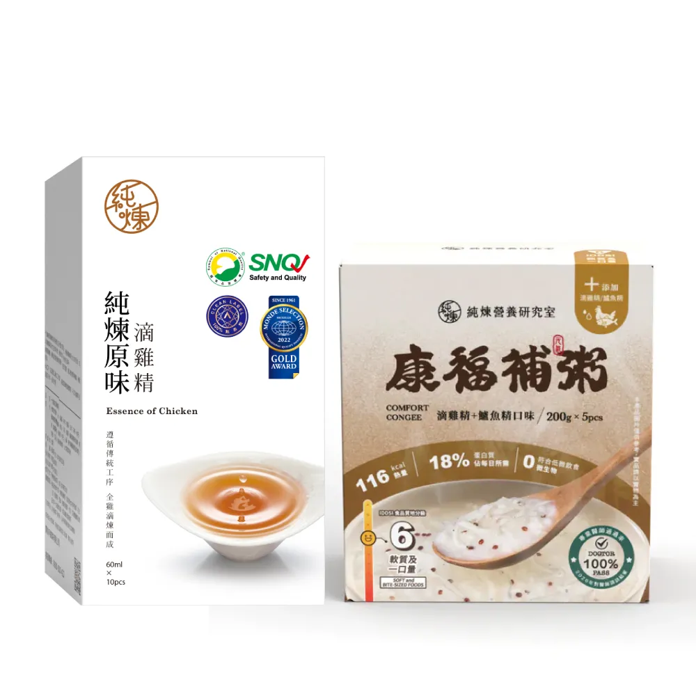 【純煉】康福補粥 滴雞精+鱸魚精口味(5包/盒 1包200g 老人食品 介護食 術後粥)+滴雞精60mlx10入x任1盒