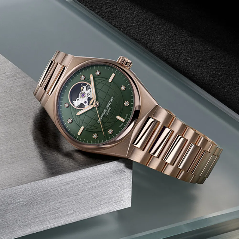 【CONSTANT 康斯登】HIGHLIFE系列 心跳鏤空玫瑰金真鑽機械腕錶/附贈綠色錶帶34mm(FC-310MPGRD2NH4B)