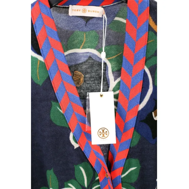 【TORY BURCH】Lorna Floral 綠葉藍印花美麗諾羊毛針織外套(長袖 上衣 TB)