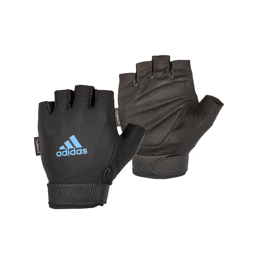 【adidas 愛迪達】可調式透氣短指訓練手套-藍(M-L)