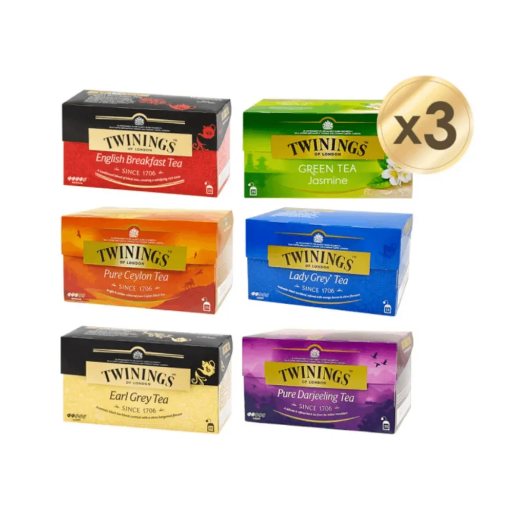 【Twinings 唐寧茶】經典茶包共75入 25入x3盒 (仕女伯爵/皇家伯爵/英倫早餐/極品錫蘭茶/歐式大吉嶺)