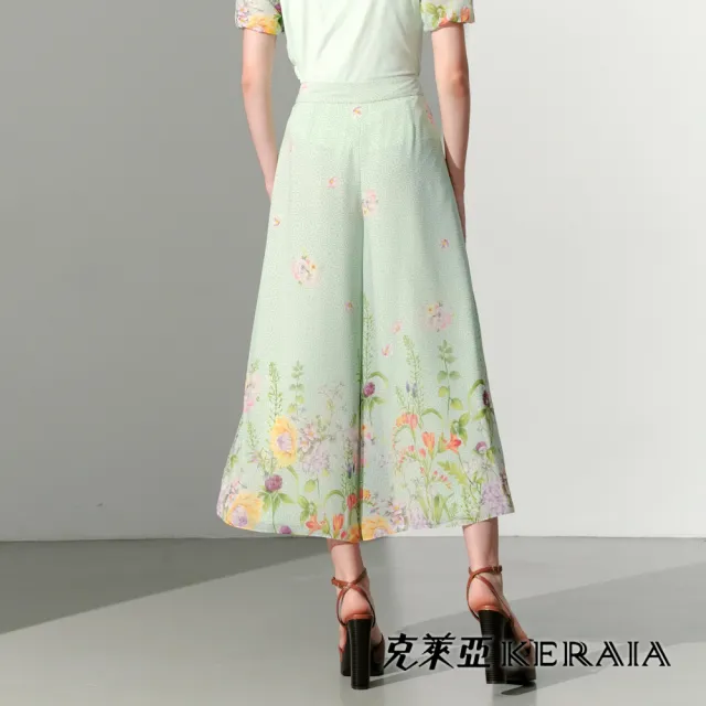 【KERAIA 克萊亞】翠雅花韻印花雪紡寬褲
