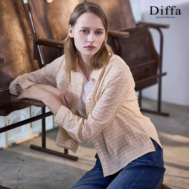 【Diffa】桔格織紋側襬開衩長袖上衣-女