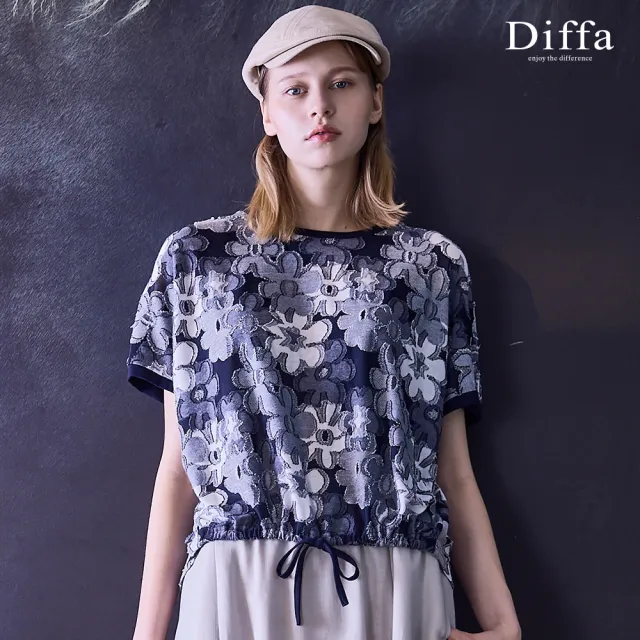 【Diffa】緹花織紋前襬綁帶連袖針織衫-女