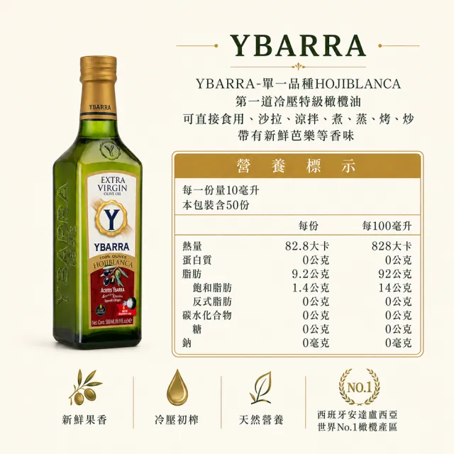 【YBARRA】益百萊 100%單一品種特級冷壓初榨橄欖油500mlx12瓶 (生飲旗艦款0.2%酸價/玻璃瓶裝/雙10限定)