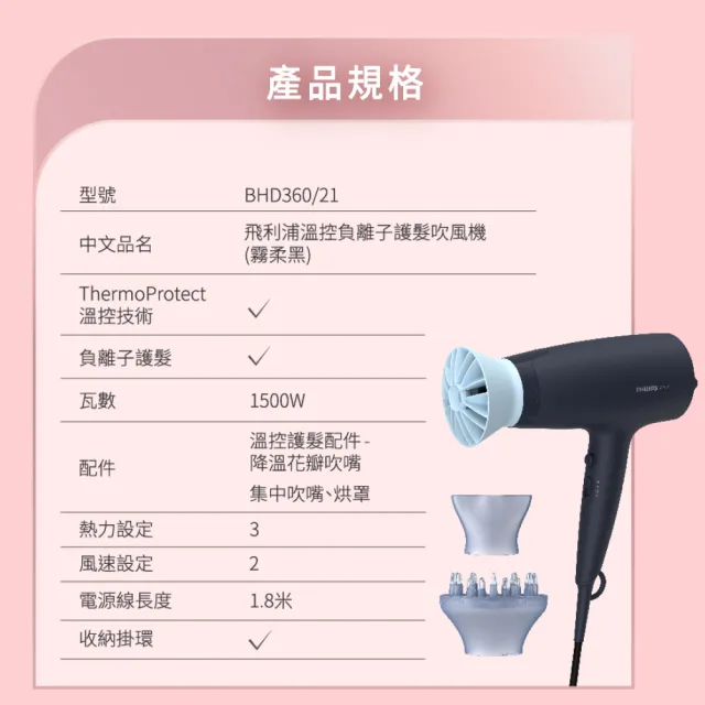 【Philips 飛利浦】BHD360 溫控負離子護髮吹風機 (霧柔黑/附蓬鬆烘罩/大風量/官方直營)