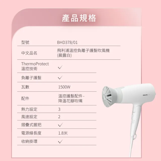 【Philips 飛利浦】BHD378 溫控負離子護髮吹風機 (晨露白/1500W大風量/可摺疊/官方直營)