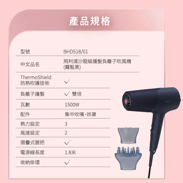 【Philips 飛利浦】BHD518 沙龍級護髮負離子吹風機 (霧藍黑/4000萬負離子/附烘罩/官方直營)
