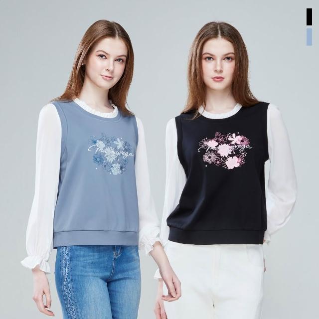 【MYVEGA 麥雪爾】MA異材質拼接透膚雪紡袖印花上衣-共二色(日系/女上衣/雪紡上衣)