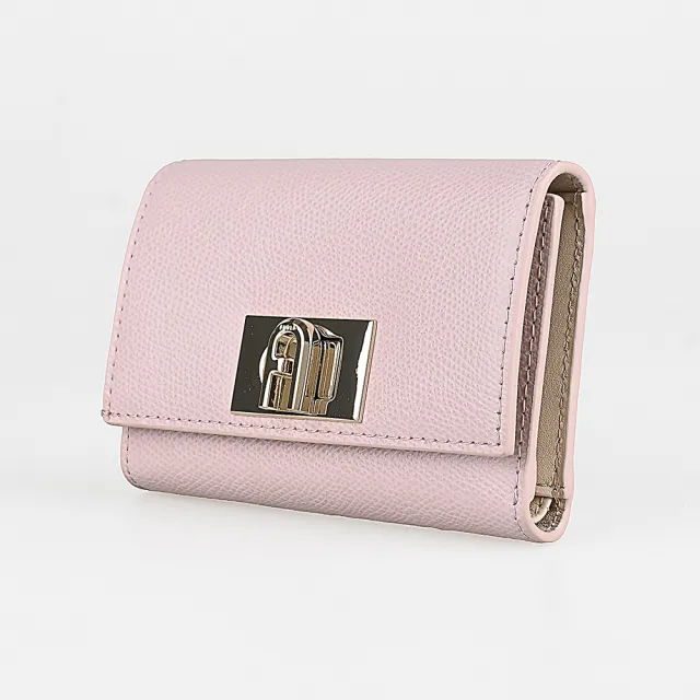 【FURLA 芙拉】FURLA 金字LOGO 1927 M系列牛皮8卡拱門旋扣三折短夾(芭蕾粉)