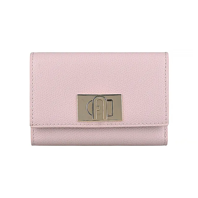 【FURLA 芙拉】FURLA 金字LOGO 1927 M系列牛皮8卡拱門旋扣三折短夾(芭蕾粉)