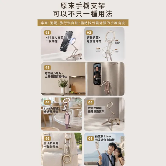【MAGIPEA】美極品 隨扣磁吸架( N52強力磁吸｜可立可夾｜迷你自拍棒｜旅行隨身手機架｜手機支架｜旅行必備)