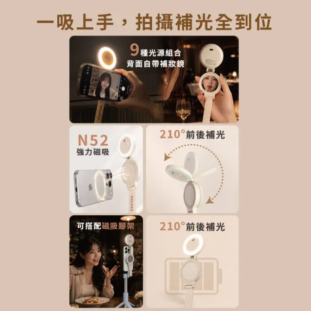 【MAGIPEA】美極品 磁吸補光燈鏡(N52強力磁吸｜9種光感｜自拍直播補光｜210度旋轉｜Type-C｜輕巧機身)