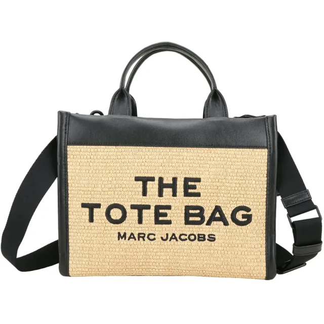 【MARC JACOBS】The Woven 中型 刺繡字母牛皮拼編織手提/斜背托特包(黑色 草編包 通勤包 MJ)