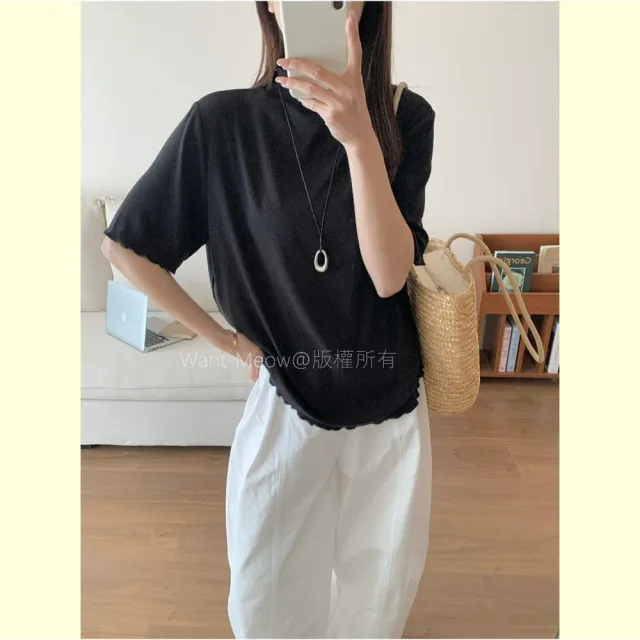【Want-Meow】90公斤可穿/超彈力百搭日系多層次半高領上衣大學T短袖T(大碼上衣/大碼/大尺碼/短袖上衣)
