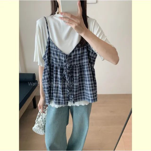 【Want-Meow】90公斤可穿/超彈力百搭日系多層次半高領上衣大學T短袖T(大碼上衣/大碼/大尺碼/短袖上衣)