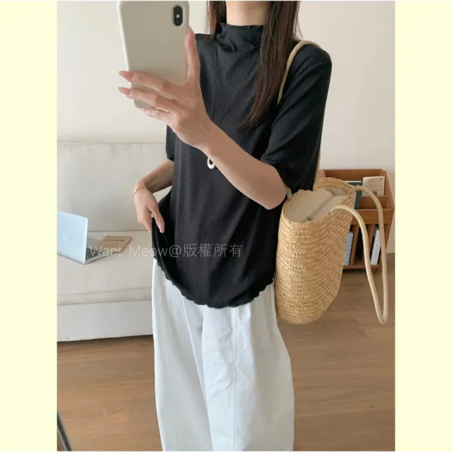 【Want-Meow】90公斤可穿/超彈力百搭日系多層次半高領上衣大學T短袖T(大碼上衣/大碼/大尺碼/短袖上衣)