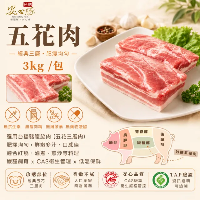 【台糖安心豚】豬五花肉 大包裝3kg x1包(國產嚴選三層肉 肥瘦相間香嫩多汁 量販分享 餐飲團購商用包)