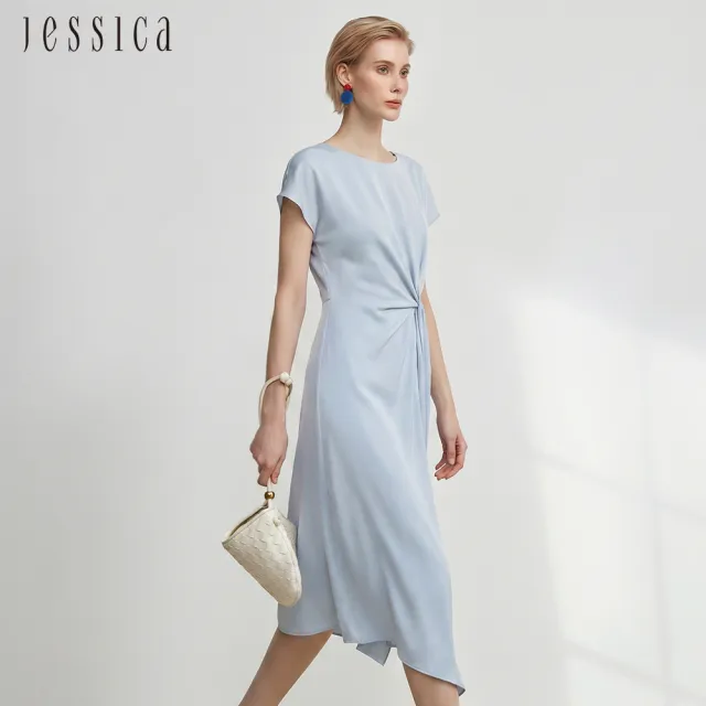 【JESSICA】氣質優雅腰抓皺中長短袖洋裝J63701