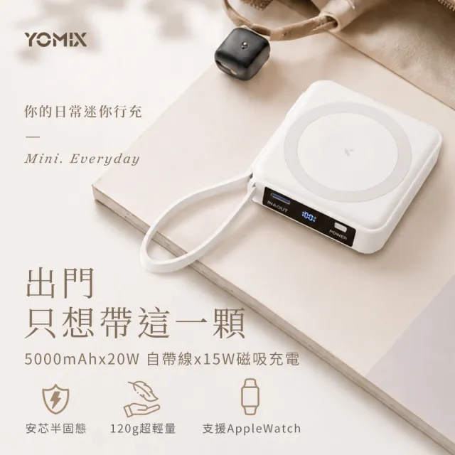 【YOMIX 優迷】斷電器組★四合一安芯超迷你20W快充5000mAh半固態磁吸行動電源(自帶Type-C線/電量顯示/磁吸