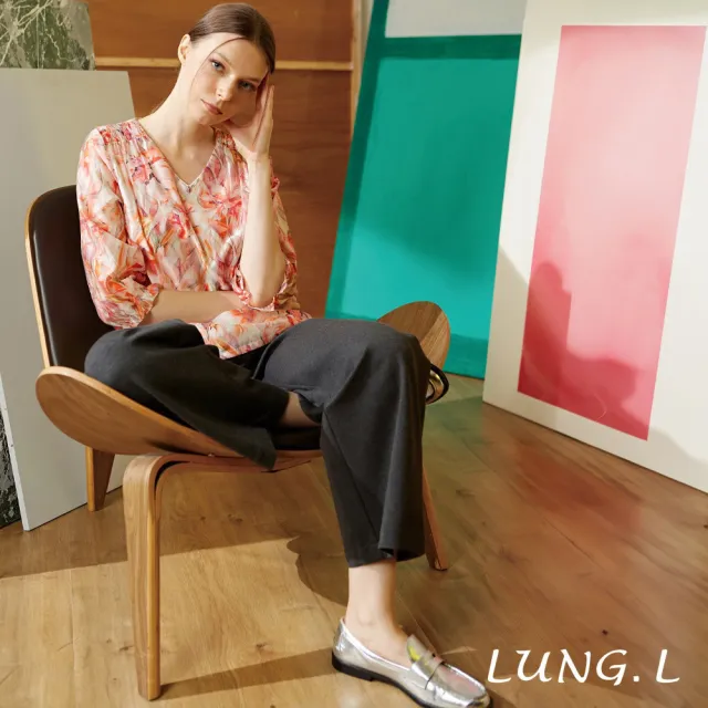 【LUNG.L 林佳樺】LW62A 粉橘水彩花卉小V領天絲棉七分袖女裝上衣