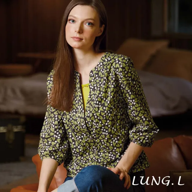 【LUNG.L 林佳樺】LW66A 綠色復古印花假兩件式棉質七分袖女裝上衣