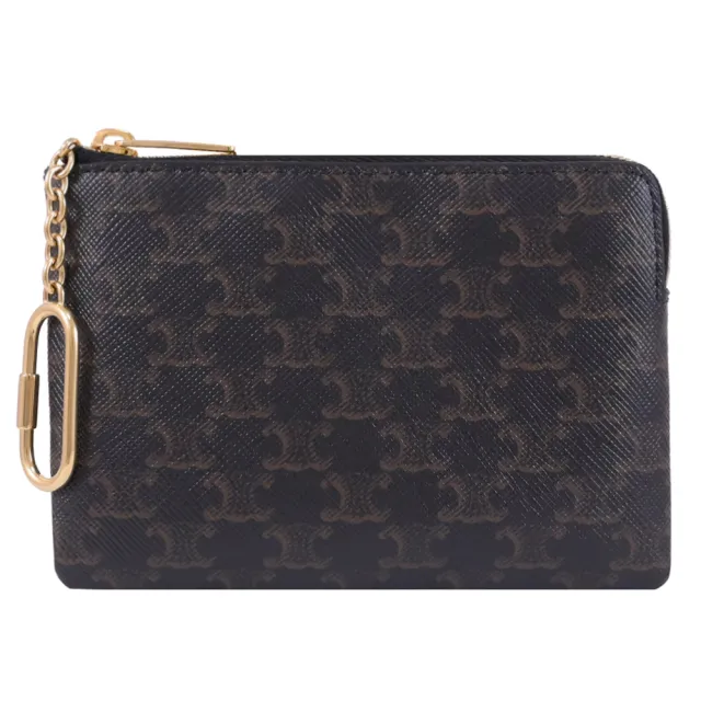 【CELINE】TRIOMPHE 品牌滿版印花鑰匙釦拉鍊零錢包(深咖)