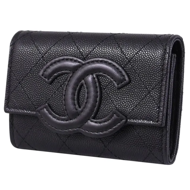 【CHANEL 香奈兒】CC Filigree 經典雙C荔枝牛皮信用卡零錢簡易皮夾(黑)