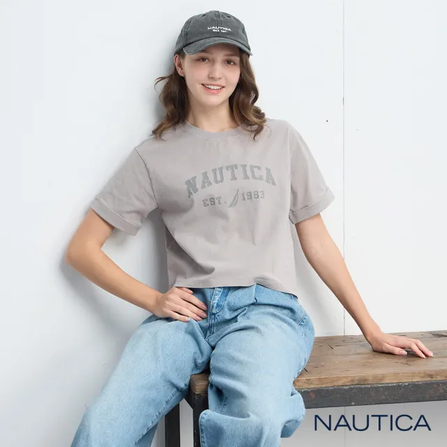 【NAUTICA】官方旗艦 女裝 經典字母印花短袖T恤(灰色)