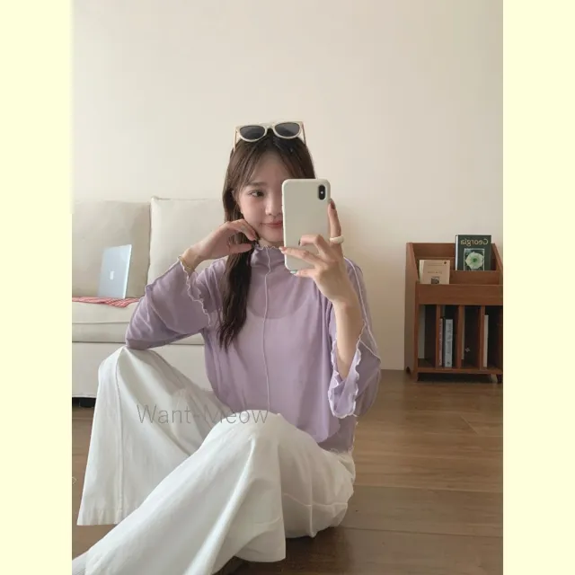 【Want-Meow】80公斤可穿/氣質微辣風爆棚撞色中線透膚長袖內搭上衣大學T(大碼上衣/大碼/大尺碼/長袖上衣)