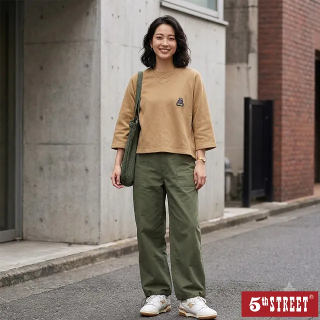 【5th STREET】雙11 女裝 短袖 短t 上衣 t恤 羅紋 卡其(571091)