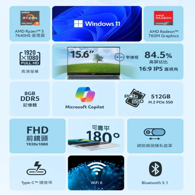 【Acer 宏碁】15.6吋 R5輕薄效能筆電-冰川藍(Aspire Lite/AL15-49P-R3EA/R5-7430U/16G/512G SSD/W11)