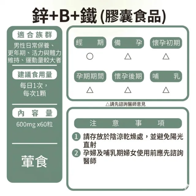 【草本之家】鋅+B+鐵膠囊1入組60粒/入(葡萄糖酸鋅、葡萄糖酸亞鐵、L-精胺酸、綜合維生素B群)