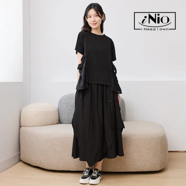 【iNio 衣著美學】立體拼接鬆緊腰造型長裙 女側邊立體線紋長裙 打褶A字裙 隱形口袋休閒長裙  CHW2098