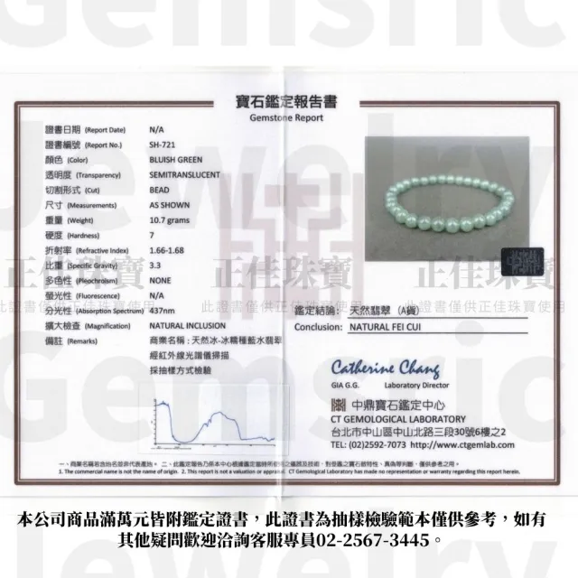 【正佳珠寶】翡翠 高品冰糯種藍水翡翠 5.7-6mm 天然A貨翡翠手珠