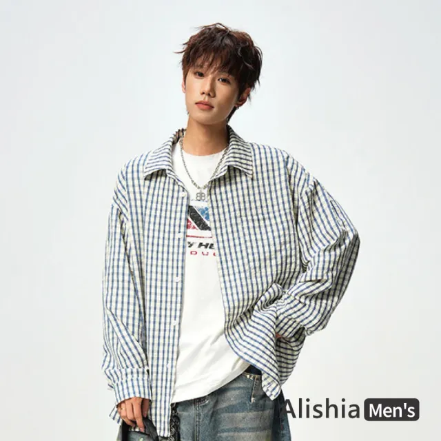 【Alishia】復古百搭經典格紋翻領開襟襯衫 外搭 長袖上衣 M-3XL(藍色 / 藏青色 / 黑色)