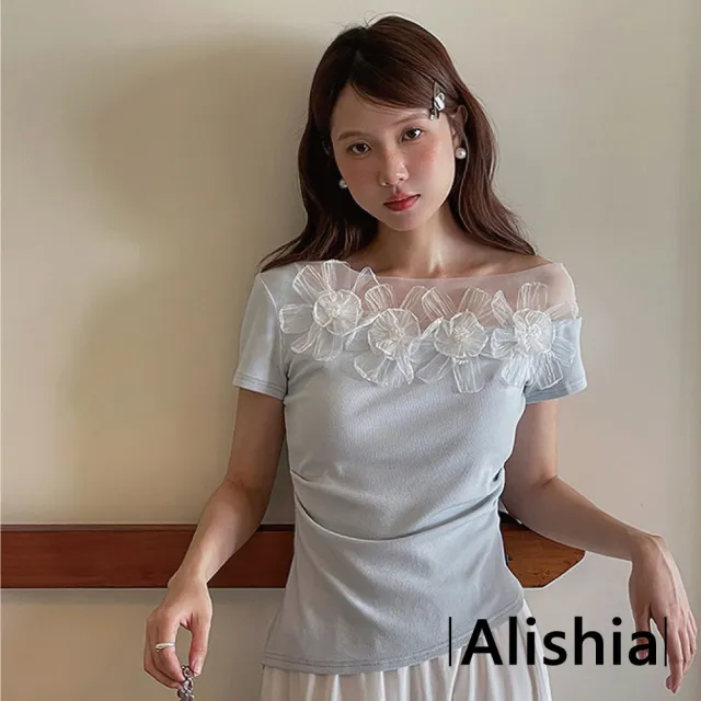【Alishia】日系甜美蕾絲花邊拼接斜肩收腰短袖上衣 T恤 M-L(杏色 / 藍色)