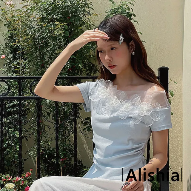 【Alishia】日系甜美蕾絲花邊拼接斜肩收腰短袖上衣 T恤 M-L(杏色 / 藍色)