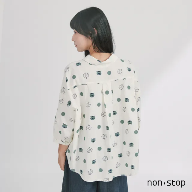 【non-stop】甜美貓咪寬版七分袖襯衫-2色