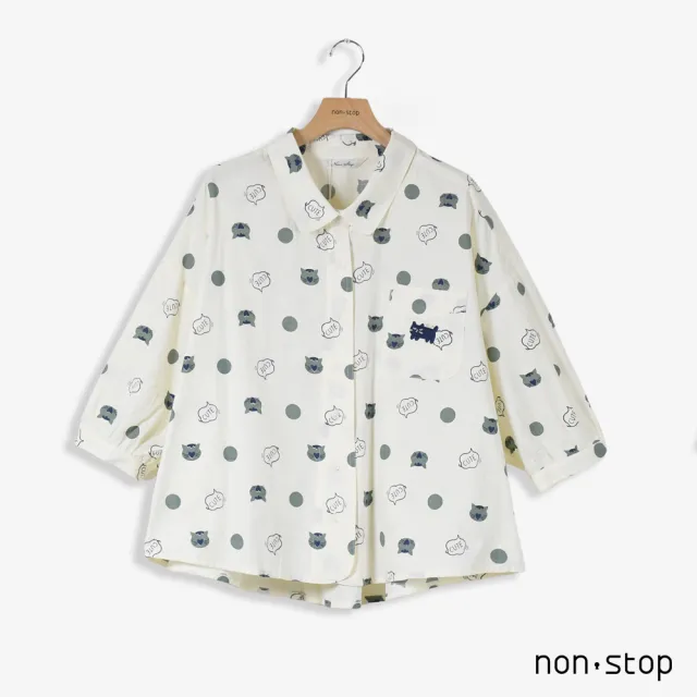 【non-stop】甜美貓咪寬版七分袖襯衫-2色