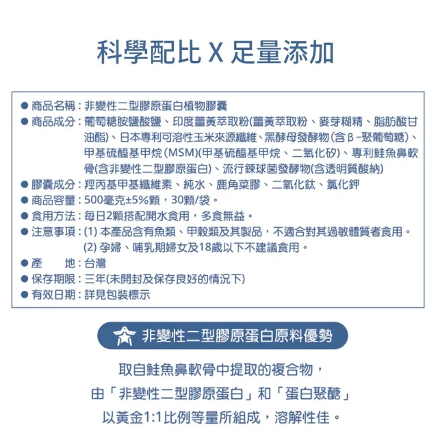 【三十晴】非變性二型膠原蛋白複方膠囊x1袋｜葡萄糖胺×軟骨素×MSM