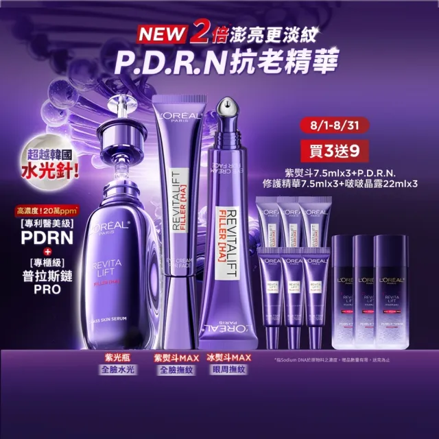 【L’OREAL Paris 巴黎萊雅】玻尿酸水光超值修護組(PDRN修護精華 30ml+紫熨斗眼霜30ml+冰熨斗30ml)