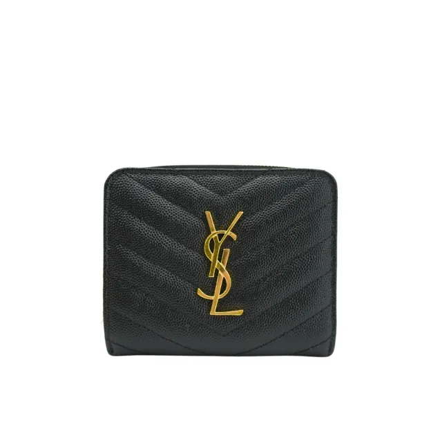 【YSL】Monogram 牛皮金釦拉鍊短夾(668288-黑)