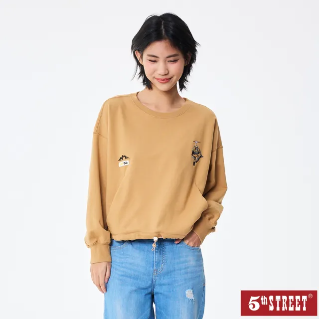 【5th STREET】雙11 女裝 長袖 寬版上衣 大學t 卡其(560984)