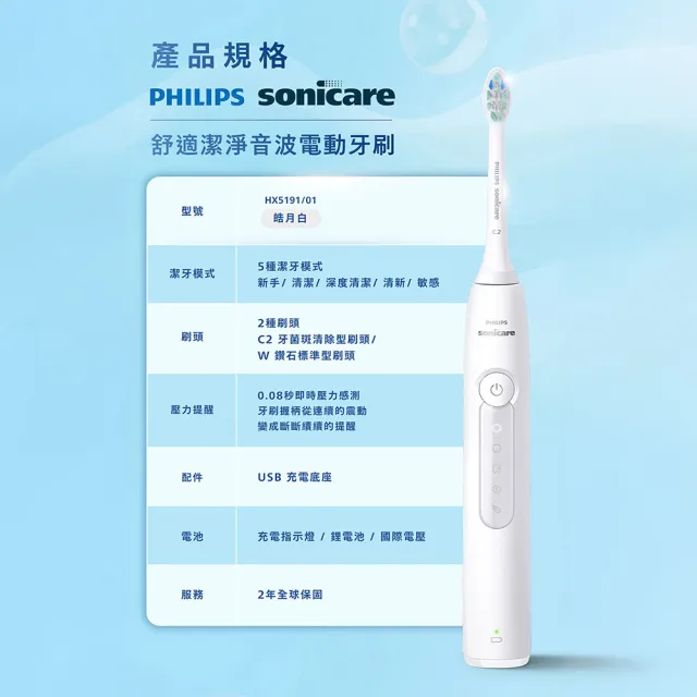 【Philips 飛利浦】HX5191 Sonicare舒適潔淨音波電動牙刷 (2色任選/智能提醒/5種模式/官方直營)