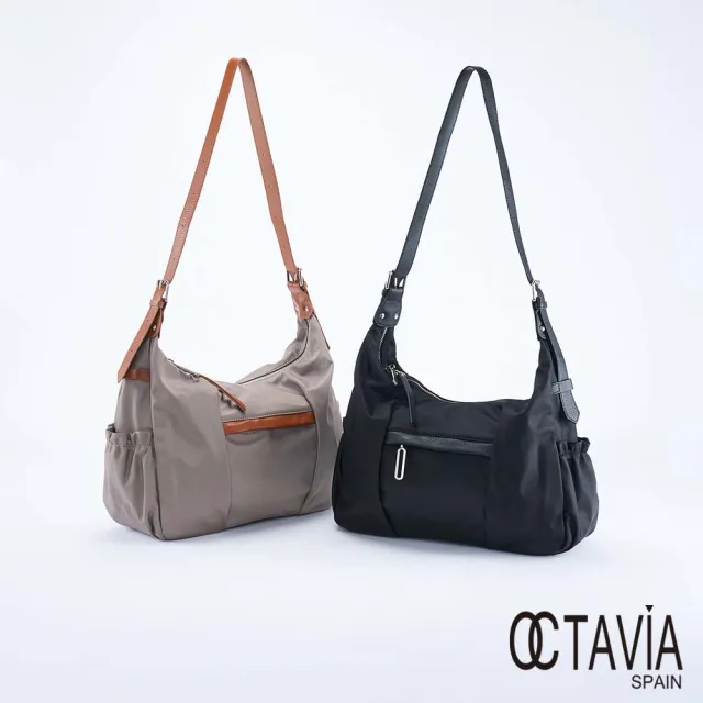 【OCTAVIA 8】雙11 OCTAVIA 8 -  四季輕量配皮半月型公事肩背斜背大包 - 奔跑黑/灰褐 二色可選