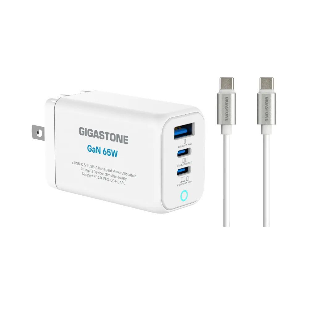【Gigastone 立達國際】GaN 65W氮化鎵Type-C三孔快充充電器+C to C充電傳輸線(支援iPhone17/Mac筆電充電頭)