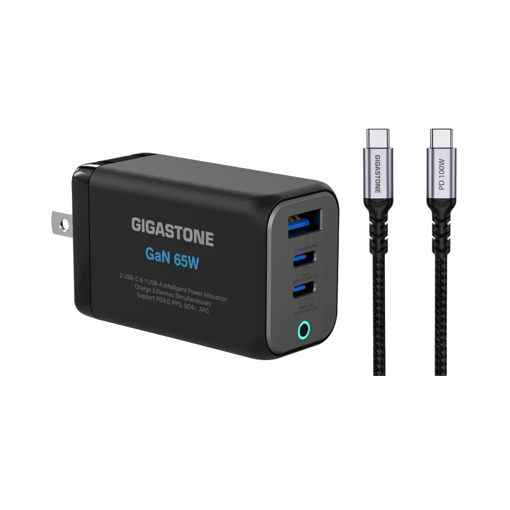 【Gigastone 立達國際】GaN 65W 氮化鎵三孔快充充電器+C to C 100W快充傳輸線(支援iPhone17/Switch充電組)