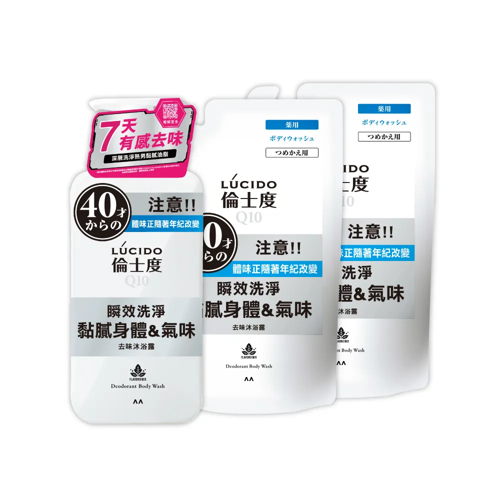 【LUCIDO 倫士度】去味微涼感沐浴露超值3件組(瓶裝450mlx1+補充包380mlx2)男性專用 去油