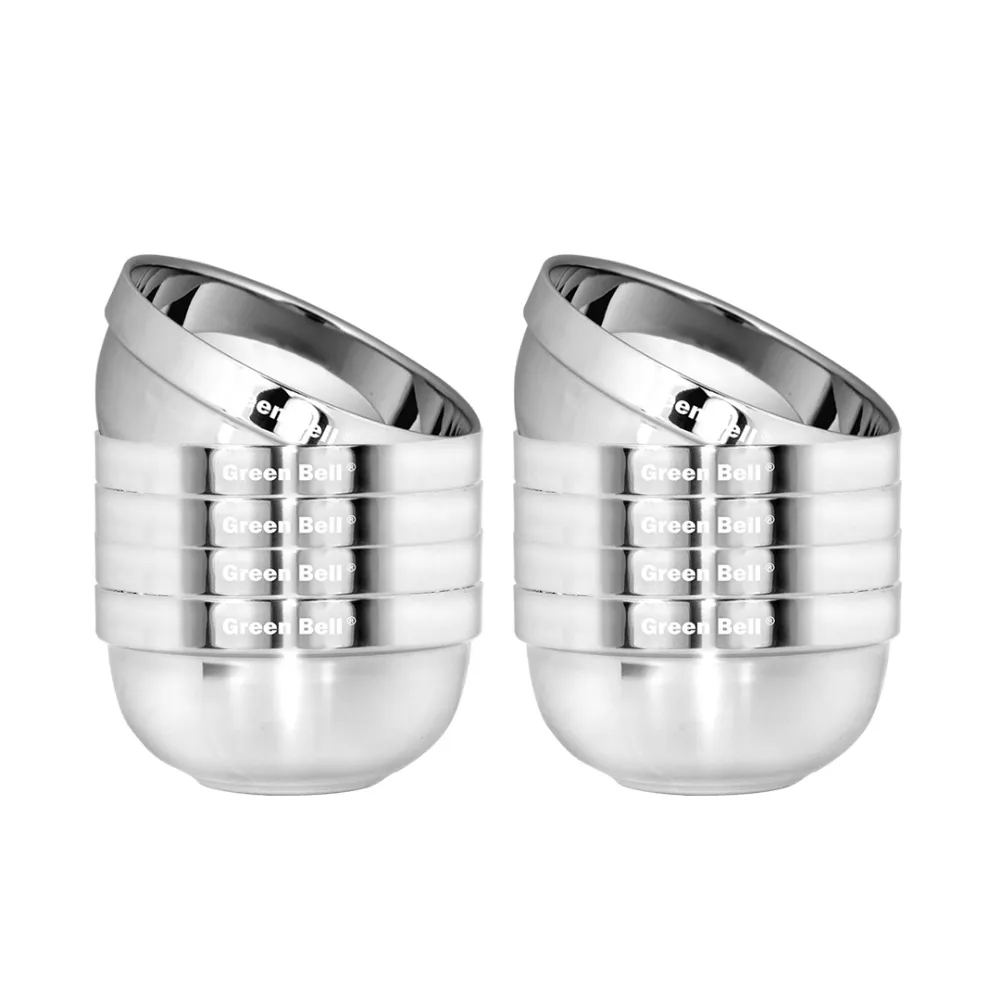 【GREEN BELL 綠貝】304不鏽鋼雙層隔熱碗-17.5cm10入組(容量大 可推疊 隔熱 防燙 鏡面 SGS)